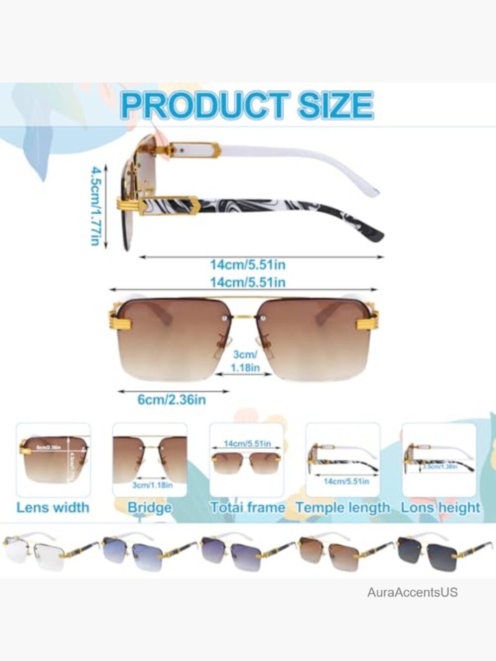 5 Pairs Rimless Rectangle Sunglasses UV400 Protection Metal Frame - Picture 2 of 7